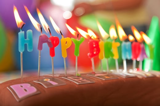 Happy birthday candles on a chocolate cake